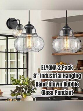 ELYONA 2-Pack Industrial Hanging Hand-Blown Bubble Glass Pendant - Clear/Black